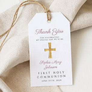 Étiquettes-cadeau Fille de croix religieuse rose Première Communion