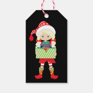 Étiquettes-cadeau Fille Elf/Blonde/en Rouge avec cadeau de Noël