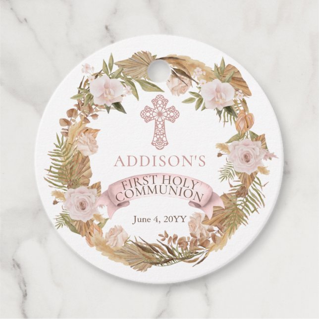 Étiquettes Cadeau Fille florale séchée rose Première communion saint (Devant)