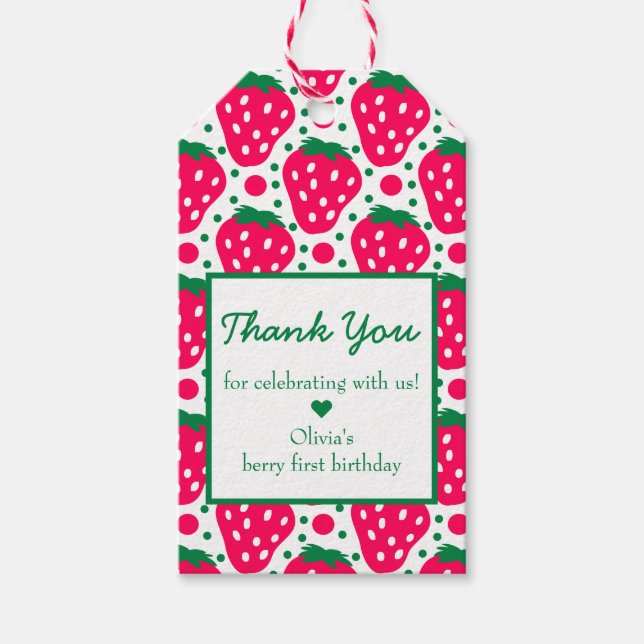 Étiquettes-cadeau Fille fraise 1er anniversaire Merci de fête (Devant)