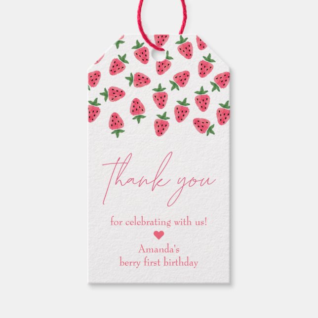 Étiquettes-cadeau Fille fraise Premier anniversaire Merci de fête (Devant)