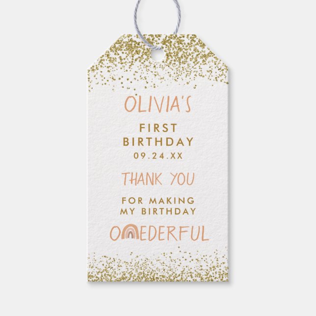 Étiquettes-cadeau Fille Onederful Arc-en-Ciel 1er Anniversaire Merci (Devant)
