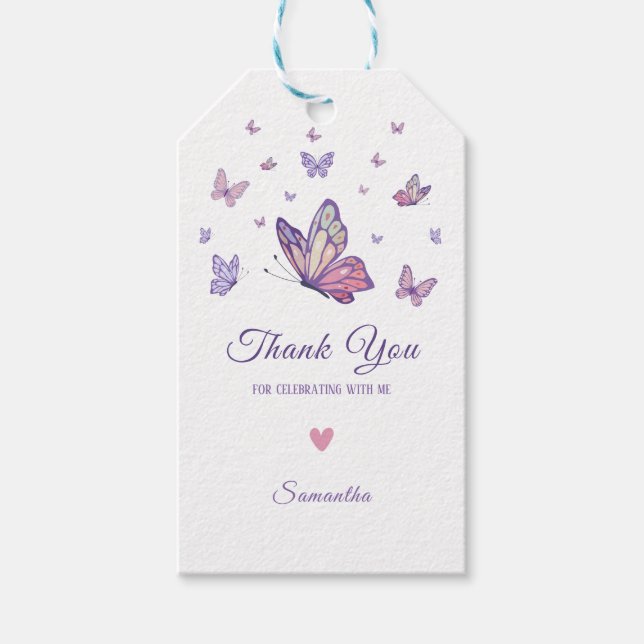 Étiquettes-cadeau Fille papillon violet anniversaire (Devant)