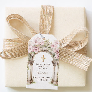 Étiquettes-cadeau Fille Première Communion Fleurs Roses Arche Croix