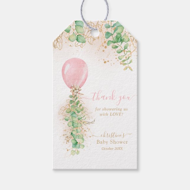 Étiquettes-cadeau Fille rose Balloon vert Baby shower Merci (Devant)