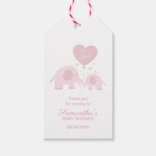Étiquettes-cadeau Fille rose Eléphant Baby shower Merci Favor (Devant)