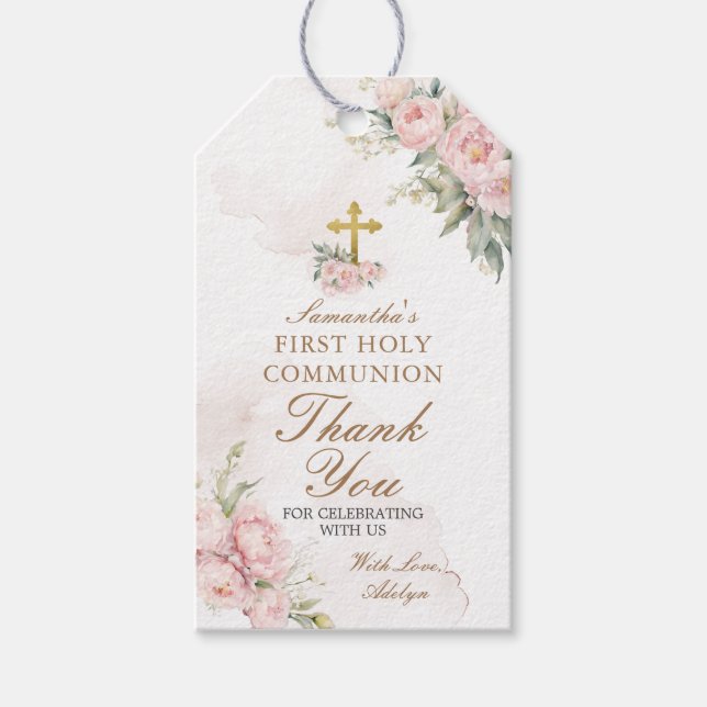 Étiquettes-cadeau Fille rose florale FIRST Holy Communion Gold Cross (Devant)