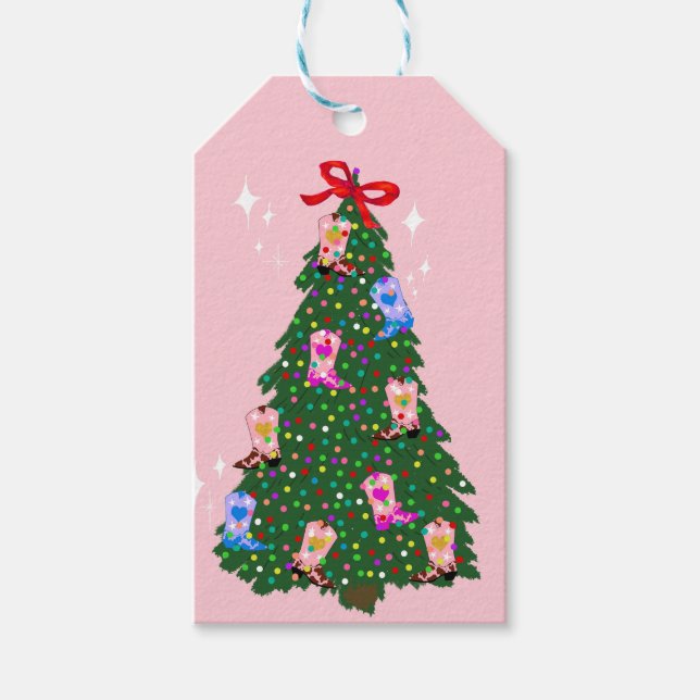 Étiquettes-cadeau Fille rose moderne Botte occidentale Noël (Devant)