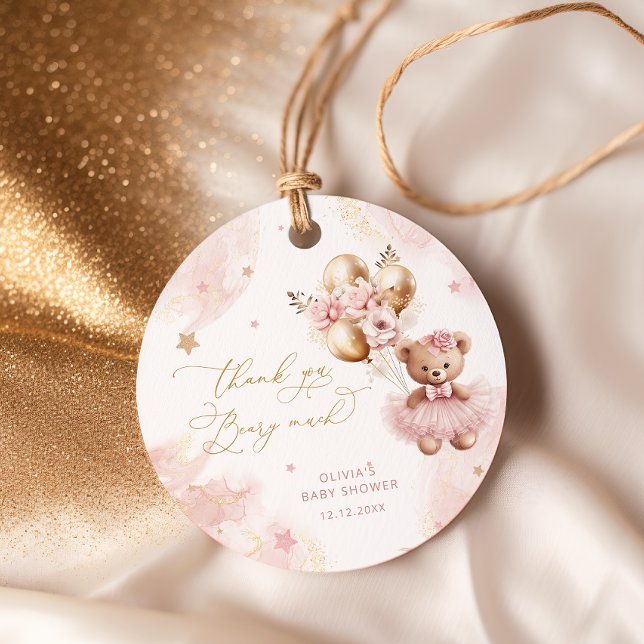 Étiquettes Cadeau Fille rose Teddy Ours Ballons Merci Beary beaucoup (Créateur téléchargé)