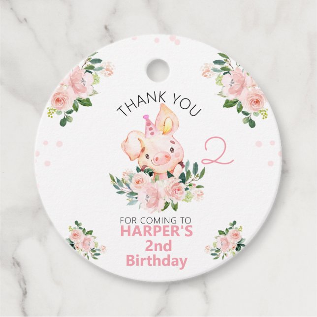 Étiquettes Cadeau Filles Pink Floral Ce Petit Anniversaire Piggy (Devant)
