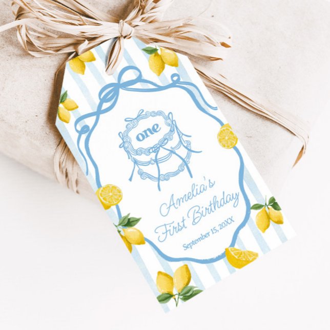 Étiquettes-cadeau Filles Whimsical Citron Bleu Amalfi Anniversaire F (Créateur téléchargé)