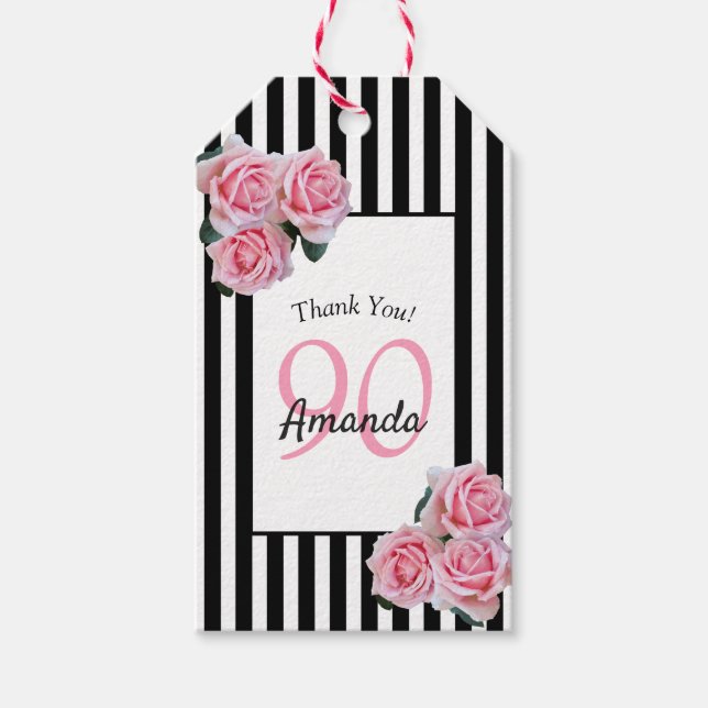 Étiquettes-cadeau Fils roses à 90e anniversaire sur bandes blanches  (Devant)