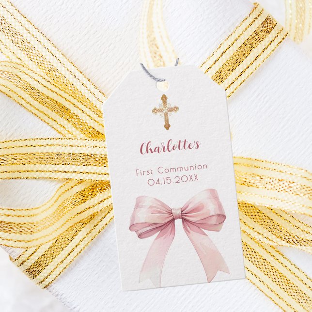Étiquettes-cadeau First Communion blush pink bow cross girl DIY (Créateur téléchargé)