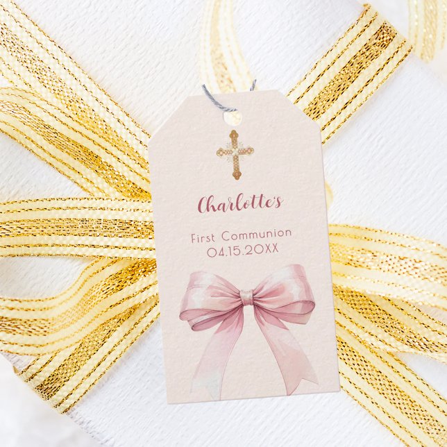 Étiquettes-cadeau First Communion blush pink bow ivory cross DIY (Créateur téléchargé)