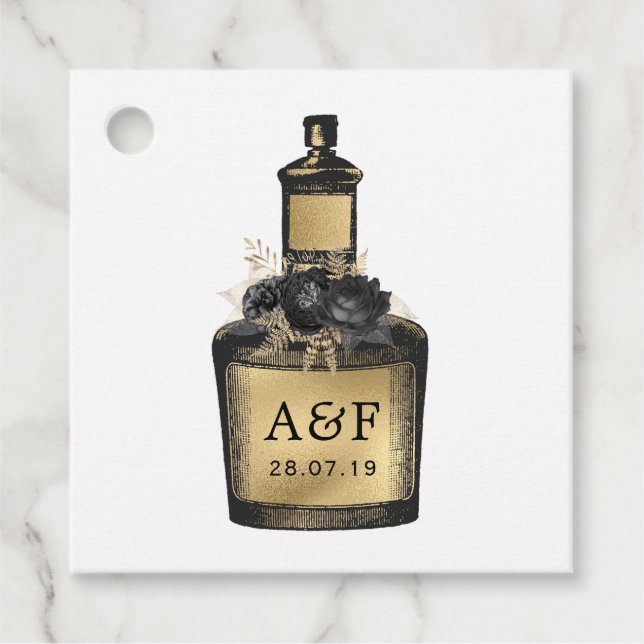 Étiquettes Cadeau Flacon de potion noir et or monogrammé (Devant)