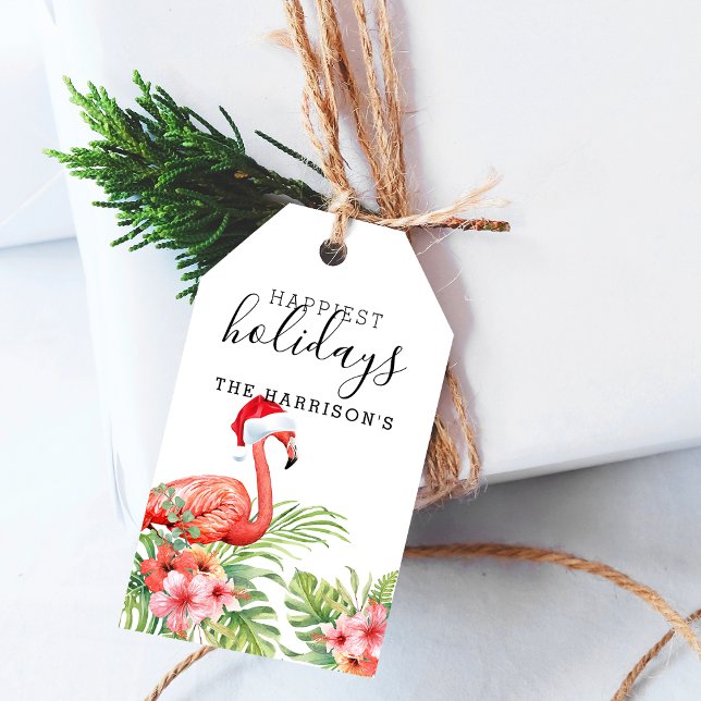 Étiquettes-cadeau Flamant rose de vacances Floral Noël Personnalisé (Holiday Flamingo Floral Christmas Personalized Gift Tags)