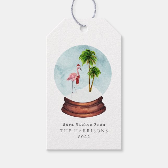 Étiquettes-cadeau Flamant rose Palm Tree Snow Globe (Devant)