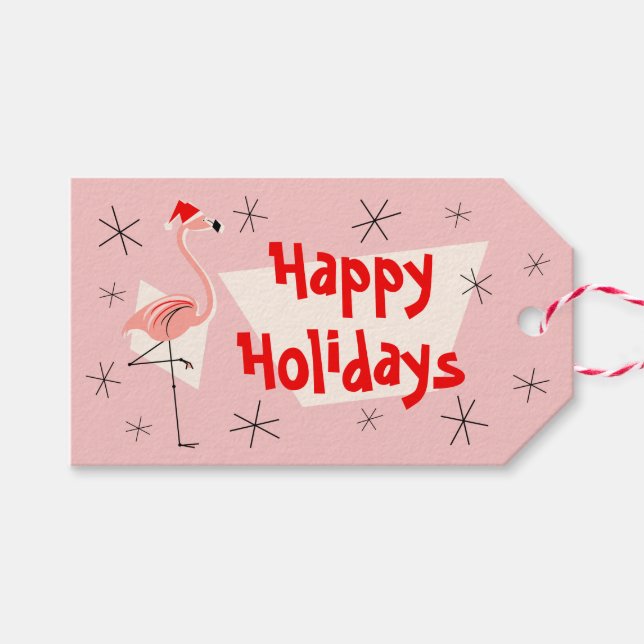 Étiquettes-cadeau Flamant rose Père Noël Rose Happy Holidays étiquet (Devant (Horizontal))