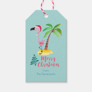 Étiquettes-cadeau Flamant rose rose dans un casquette de Père Noël