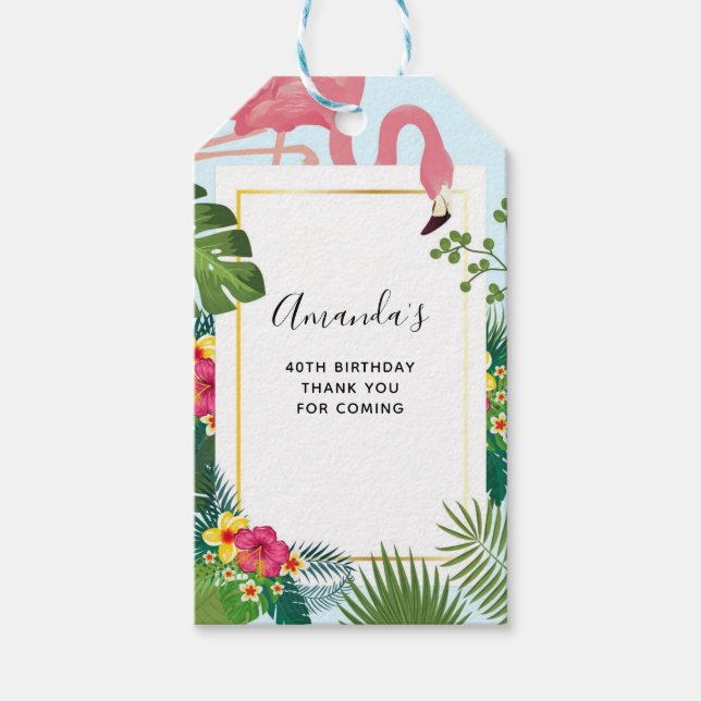 Étiquettes-cadeau Flamant rose rose élégant et Feuilles tropicaux An (Devant)