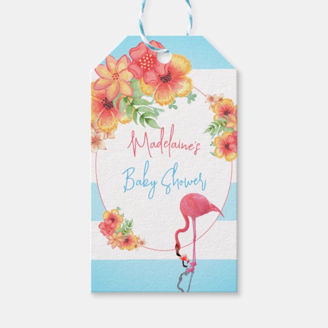Étiquettes-cadeau Flamant rose tropical Baby shower à bande bleue (Devant)