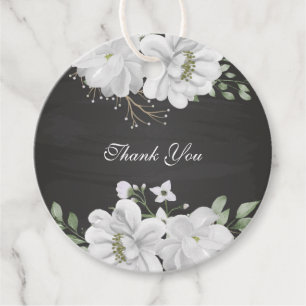 Étiquettes Cadeau fleur blanche feuilles vertes noires