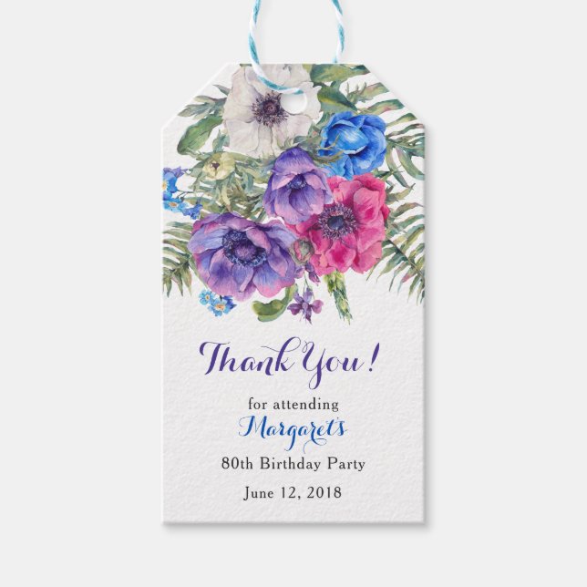 Étiquettes-cadeau Fleur d'anémone Floral 80e anniversaire Merci (Devant)