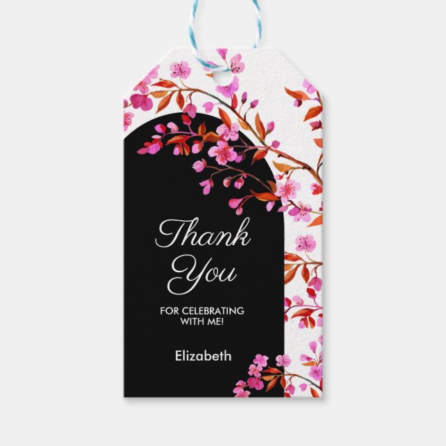 Étiquettes-cadeau Fleur de cerisier Sakura noir blanc Anniversaire (Devant)