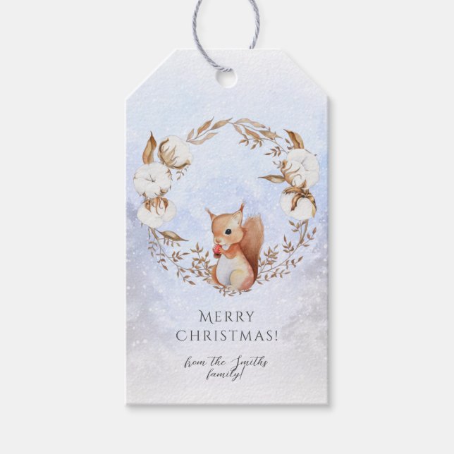 Étiquettes-cadeau Fleur de coton de Noël Wreath Baby Squirrel (Devant)