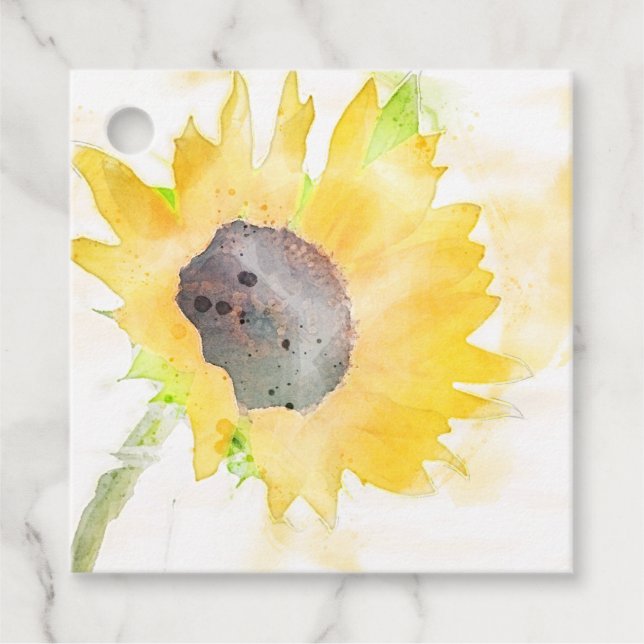 Étiquettes Cadeau Fleur de soleil jaune sur Aquarelle blanche Favori (Devant)