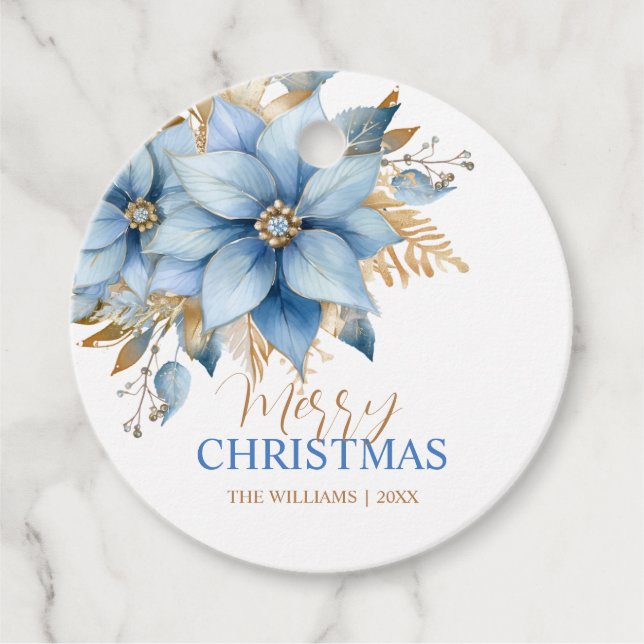 Étiquettes Cadeau Fleur Icy Blue Gold Poinsettia Noël (Devant)
