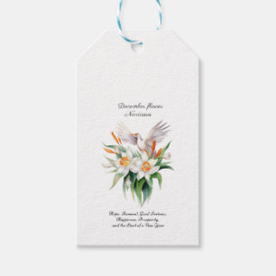 Étiquettes-cadeau Fleur Narcisse de décembre avec oiseaux floraux