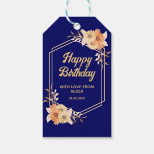 Étiquettes-cadeau Fleur orange d'automne Or Bleu marine Joyeux anniv