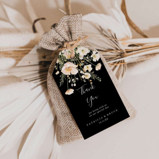 Étiquettes-cadeau Fleur sauvage Blush classique Merci Mariage noir (Créateur téléchargé)