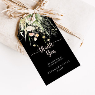 Étiquettes-cadeau Fleur sauvage Boho vert Mariage noir Merci