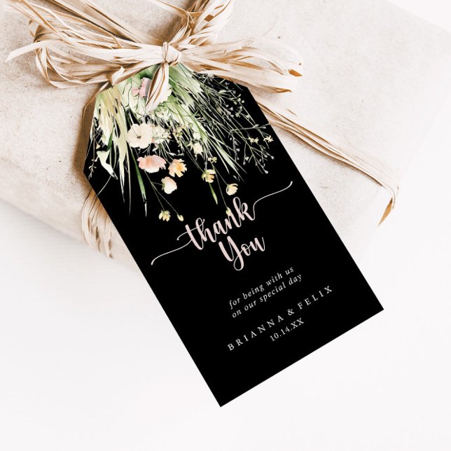 Étiquettes-cadeau Fleur sauvage Boho vert Mariage noir Merci (Créateur téléchargé)