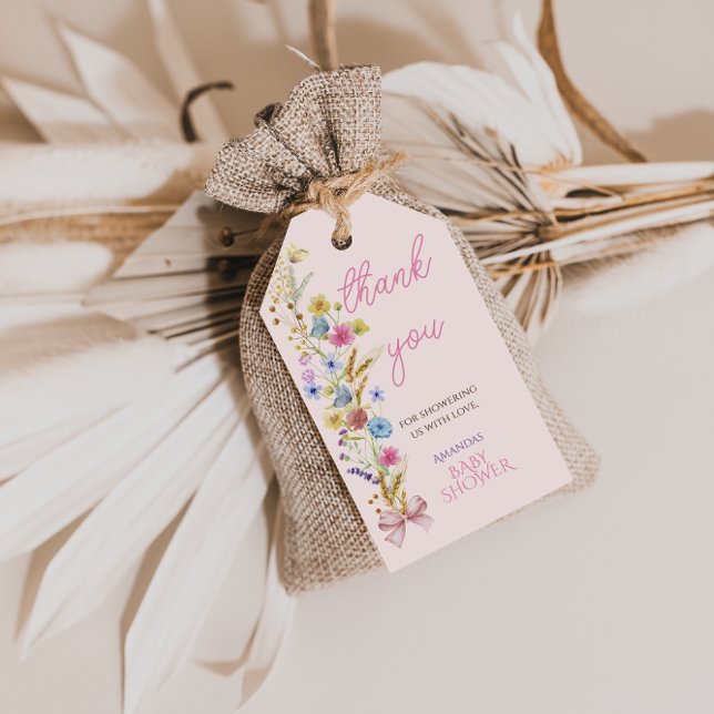 Étiquettes-cadeau Fleur sauvage rose doux bébé fille Merci douche (Créateur téléchargé)