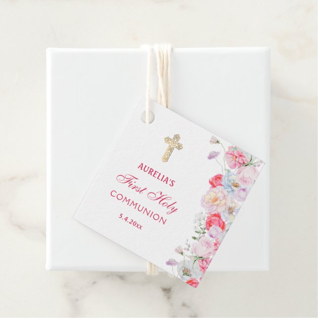 Étiquettes Cadeau Fleurs aquarelles Première communion (En situation)