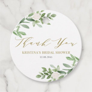 Étiquettes Cadeau Fleurs Blanches et Feuillage Doré pour une Baby Sh