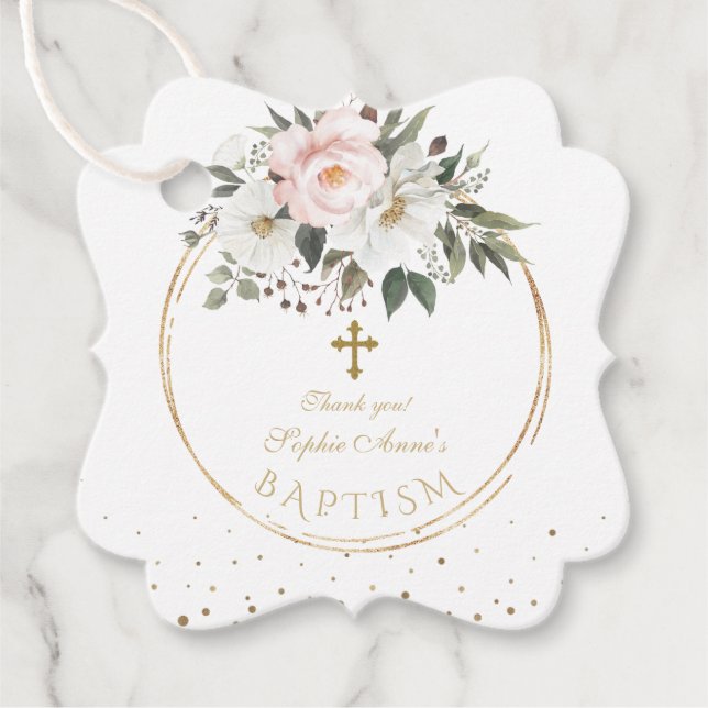 Étiquettes Cadeau Fleurs blanches floues Fleur fleurir Croix d'or Ba (Devant)