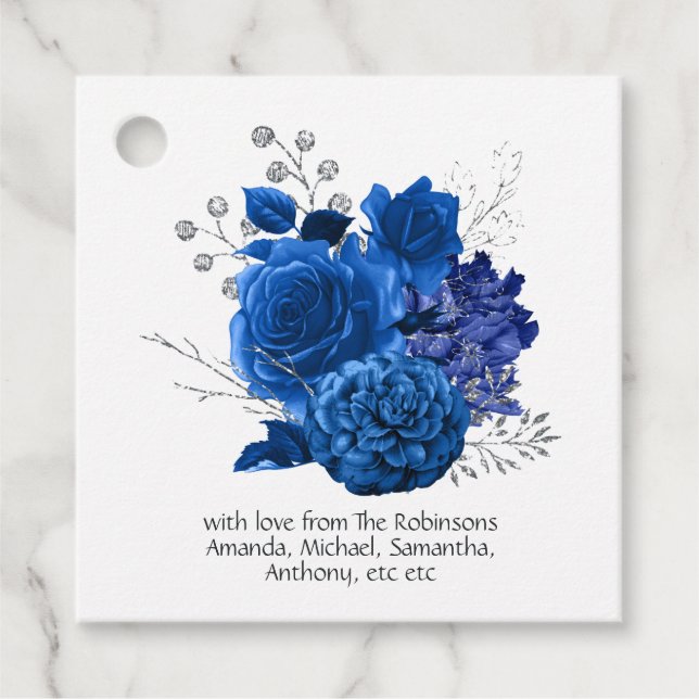 Étiquettes Cadeau Fleurs Bleu Royal et Argent (Devant)