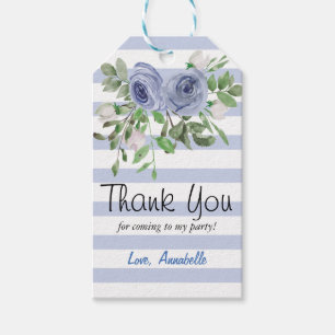 Étiquettes-cadeau Fleurs Bleues Aquarelle Rayures Remerciement Fête