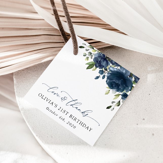 Étiquettes Cadeau Fleurs Bleues de la Marine, Verdure, Boho, Anniver (Créateur téléchargé)