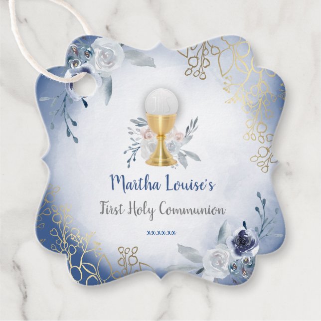Étiquettes Cadeau Fleurs bleues de la première sainte communion (Devant)