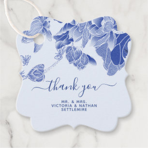 Étiquettes Cadeau Fleurs Bleues et Blanches Élégantes Mariage Remerc
