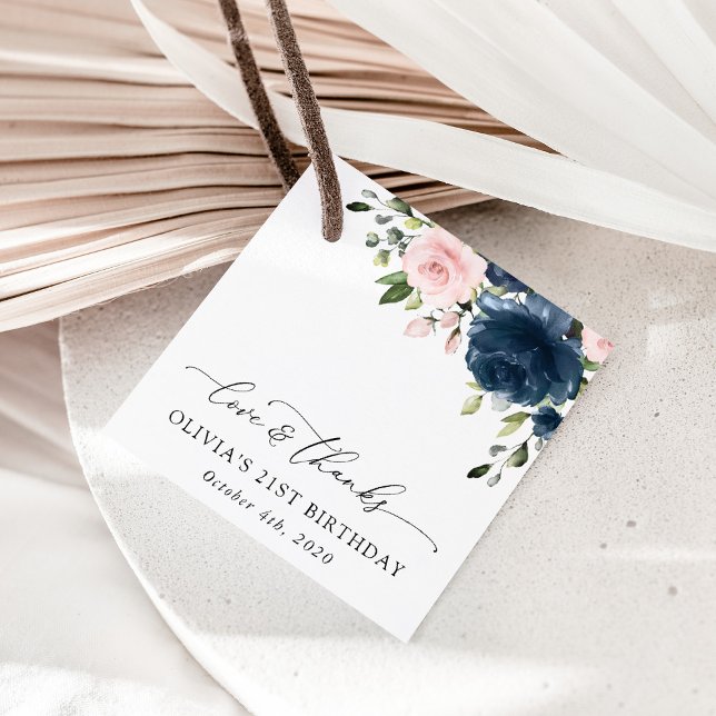 Étiquettes Cadeau Fleurs Bleues Marine, Fleurs Roses, Boho, Annivers (Créateur téléchargé)