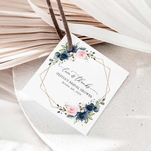 Étiquettes Cadeau Fleurs Bleues Marine, Fleurs Roses, Fête des marié (Créateur téléchargé)
