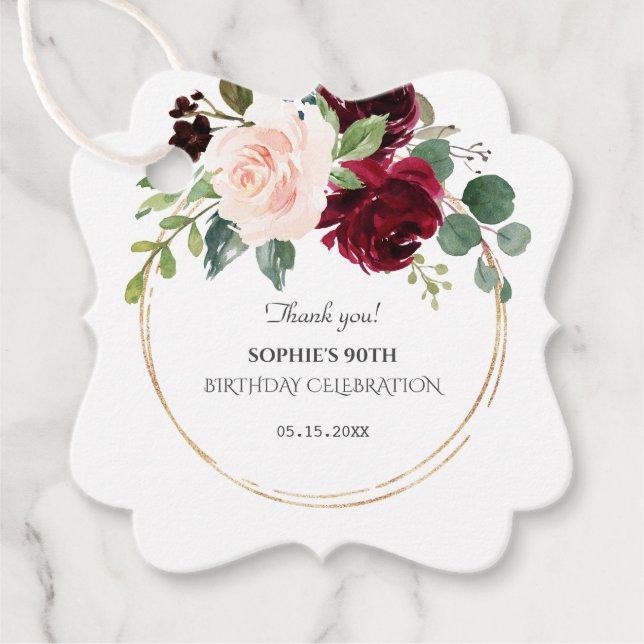 Étiquettes Cadeau Fleurs Bleues Roses Bourgogne Gold Anniversaire (Devant)