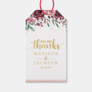 Étiquettes-cadeau Fleurs bleues Stripes & Gold Mariage Love & Thanks