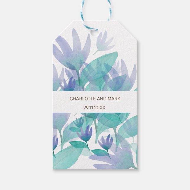 Étiquettes-cadeau Fleurs d'aquarelle bleu océan (Devant)